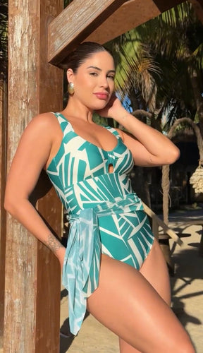 Maiô Recorte Tropical com Faixa — Verde Geométrico