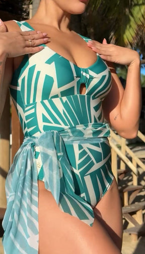 Maiô Recorte Tropical com Faixa — Verde Geométrico